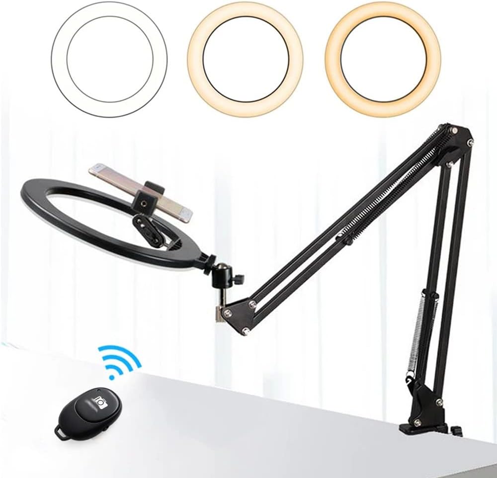 26cm LED Selfie Light with Long Arm Remote Control Ringlight Photography Fill Light for Makeup Video