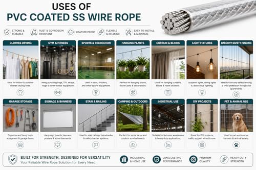 Image of Heavy Duty 4MM PVC Coated Wire Rope Kit | 7x7 GI Steel Cable with Snap Hooks, U Clamps & Turnbuckle | Rustproof Clothesline Wire for Balcony, Gym & Outdoor Use (15 Meter /49.2 Feet)