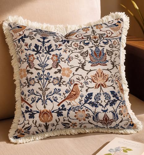 Kokaaee Decorative Throw Pillow Cover 18x18 - Vintage Pillowcovers with Fringe Bird Flower Cute Embroidered Pillow Case with Zipper for Living Room Couch Sofa Bed Rustic Boho Design Abstract