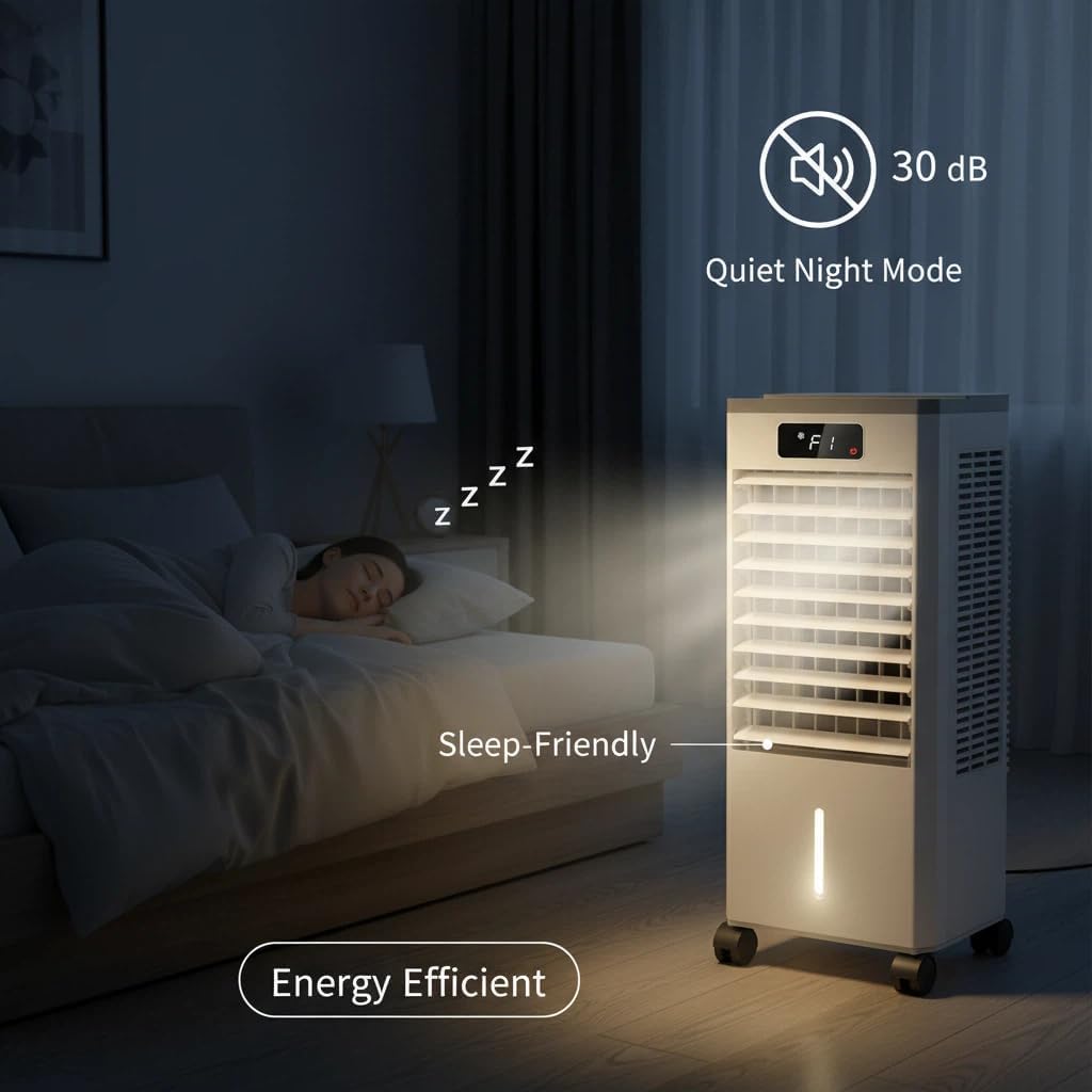 Evaporative Air Cooler, 3-in-1 Portable Air Fan, 3 Wind Speeds, LED Display, 7L Water Tank & Ice Packs, Windowless Bladeless Swamp Cooler for Room Office