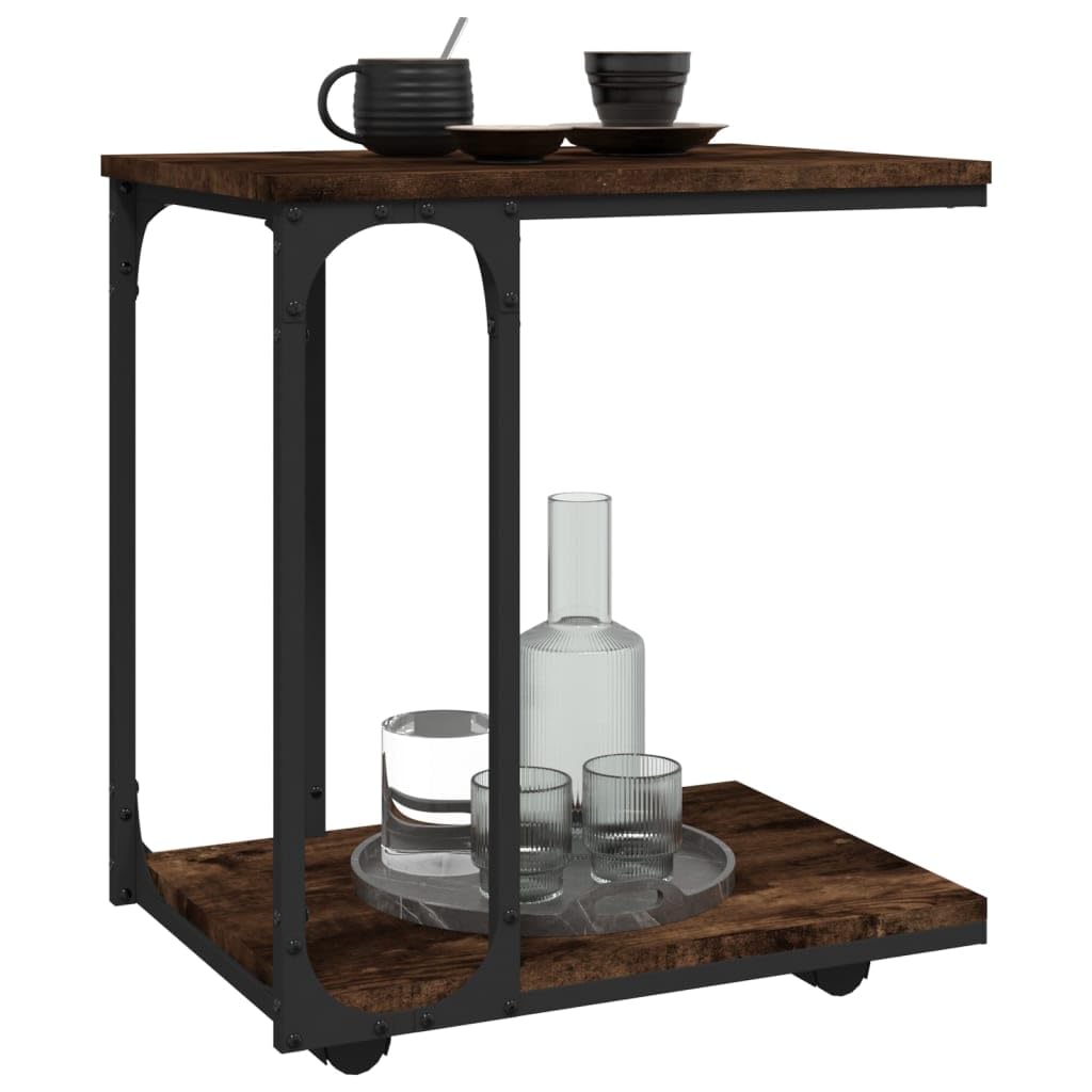 Mesa auxiliar con ruedas, roble ahumado, 50 x 35 x 55,5 cm, diseño en forma de C, mesa de centro industrial, mesita de noche móvil para salón, dormitorio, oficina