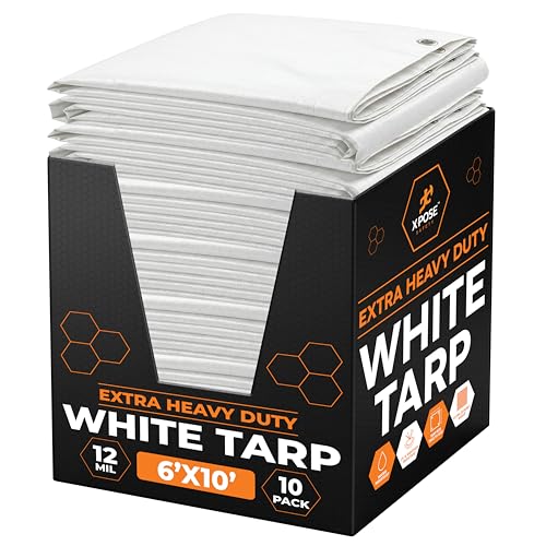 Heavy Duty White Poly Tarp 6' X 10' Bulk (10-Pack) - Multipurpose Protective Cover - Durable, Waterproof, Weather Proof, Rip and Tear Resistant - Extra Thick 12 Mil Polyethylene - by Xpose Safety
