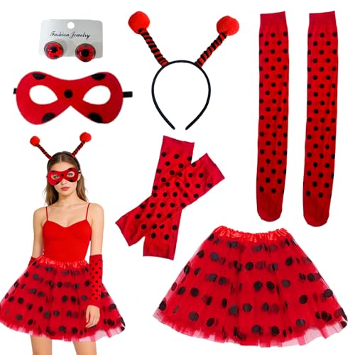 Yhjxly Costume de coccinelle 6 pièces pour femme adulte, jupe tutu en tulle rouge et noir avec serre-tête coccinelle, gants sans doigts, masque, boucles...