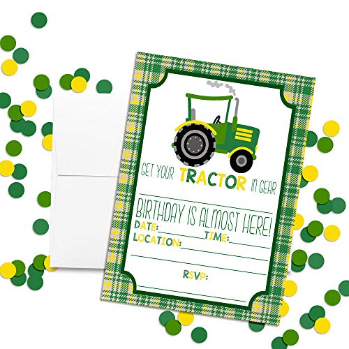 Green And Yellow Tractor Birthday Party Invitations For Boys, 20 5"X7" Fill In Cards With Twenty White Envelopes By Amandacreation #TOP2