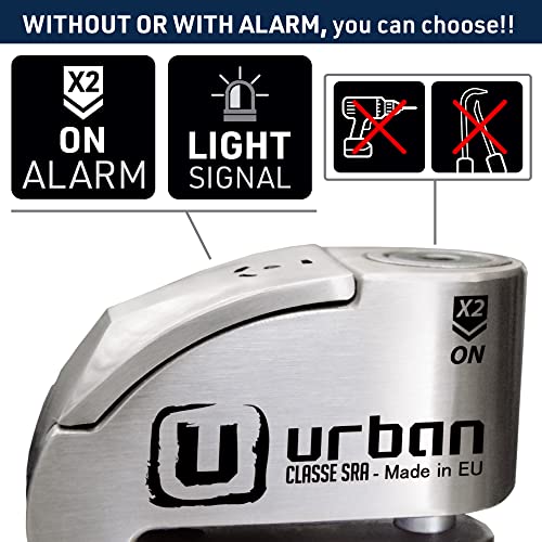Image of URBAN UR14S Approved Motorcycle Disc Lock with Smart Alarm | 120dB, LED, Warning, A+ Sensitivity, X2 ON | SRA & Sold Secure Gold Tested Anti-Theft for Motorbike | 14mm Double Locking, Stainless Steel