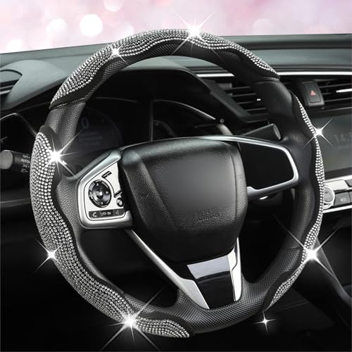 West Llama Diamond Bling Car Steering Wheel Cover with Crystal Rhinestones 3PCS Segmented Steering Wheel Protector Universal for 99% Cars for Women(Black with White Diamond)