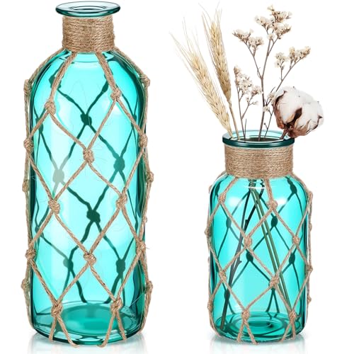 Image of Chuangdi Set of 2 Coastal Glass Flower Vase with Boho Rope, Blue Green
