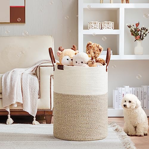 Image of VIPOSCO 100L Tall Woven Rope Laundry Hamper, Leather Handles, White & Brown