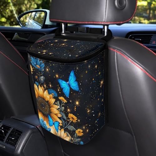 Image of Sunflower Auto Car Trash Can Hanging Car Garbage Bag with Lid Washable Leak Proof Car Trash Bin Hanging for Front Back Seat,Blue Butterfly Sunflower Vehicle Rubbish Bin