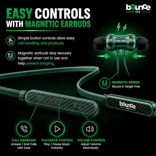 Image of Bouncefit Sonic 144 Bluetooth Wireless Neckband, 35H Continuous Playback Battery, Deep Bass, Stereo Sound, HD Calls, Type C Fast Charging, Rich Audio, Bluetooth Neckband with Mic Earphones (Green)