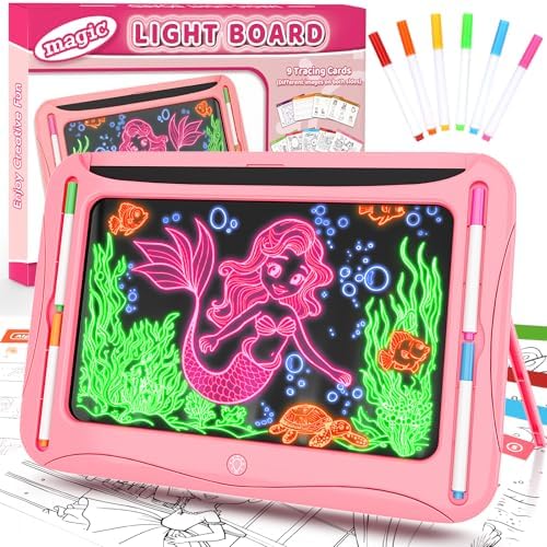 Magic LED Drawing Board for Kids, Girl Toys for Ages 5-7, Christmas Birthday Gifts, Light Up Tracing Pad, 9 Double-Sided Cards, 6 Markers, Neon Effect Doodle Writing Tablet, Arts Crafts Learning Toy