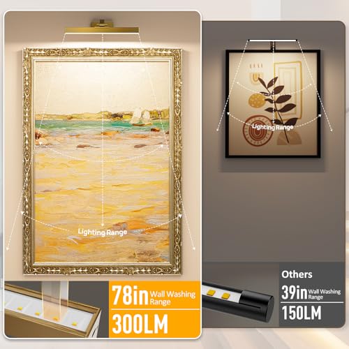 Image of Afyuol Picture Lights for Wall, Brass Battery Operated Picture Light 16in Art Light CCT Dimmable Recharging Battery Wall Light with Remote Control for Living Room Gallery