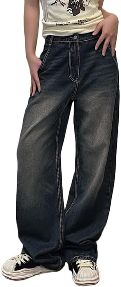 ORANDESIGNE Donna Y2k Jeans Lunghi Alta Vita Jeans per Ragazza Gamba Larga Jeans Gotico Baggy Denim Pantaloni Punk Sciolti Pantaloni Diritti E-Girl Streetwear ZA Blu S