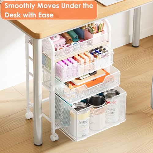 Image of 4-Tier Rolling Utility Cart with 3 Drawers-White Craft Organizers and Storage with DIY Dividers, Under Desk Cart with Lockable Wheels, Craft Cart Art Cart for Brushes Artifacts Patent Pending