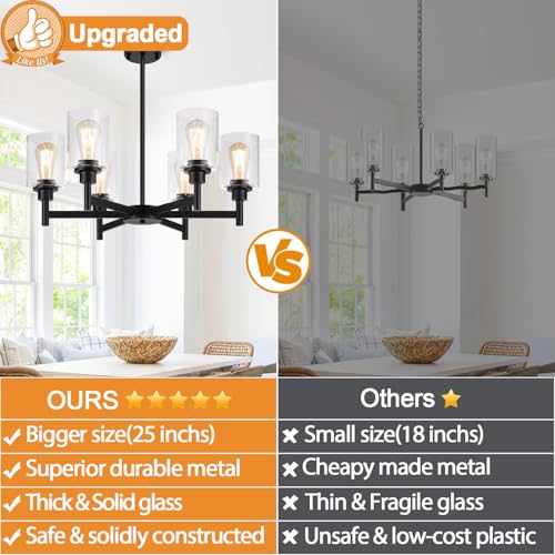 Black Chandeliers, 6 Light Dining Room Light Fixtures Over Table, Farmhouse Chandeliers for Dining Room with Clear Glass Shade for Kitchen Island Living Room Bedroom Bathroom, Height Adjustable - Thumbnail 2
