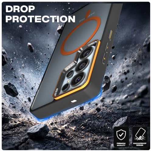 Image of Pikkme Back Cover for Samsung S26 Ultra 5G | Shockproof | Mag-Safe Compatible | Hard Transparent Back | Premium Raised Camera Protection | Bumper Case (Black & Orange Mag-Safe)