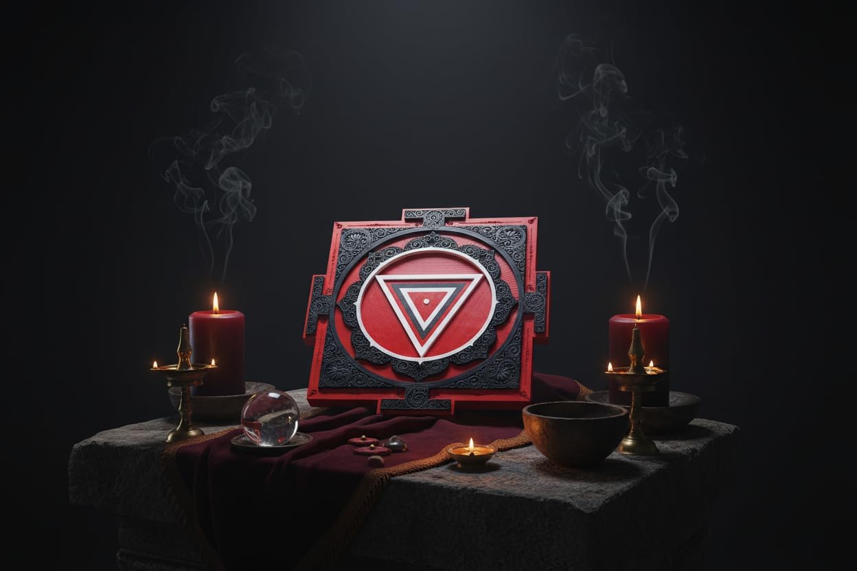Anatoliawood Kali Yantra Wall Art, Red Base with Black & White Details, Red Laser Engraved Wooden Sacred Geometry, Handmade Layered 3D Tantra Decor, Ready to Hang, 50 cm (19.7 inches