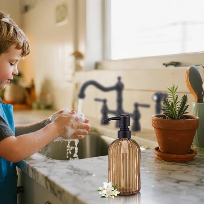 Image of 16 OZ Amber Glass Soap Dispenser, Amber Stripe Bathroom Hand Soap Dispensers with Stainless Steel Bronze Pump,Brown Glass Kitchen Hand Soap Dispenser with Oil Rubbed Bronze Pump,2 Packs