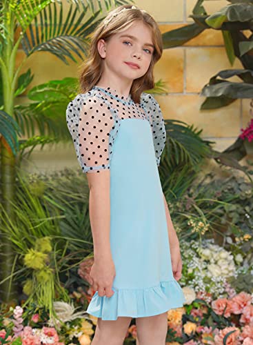Iimmer Big Girls Mesh Light Blue Graduation Sheer Ruffle Formal Aline Dress Puff Short Sleeve Summer Holiday Polka Dots School Dance Party Dress Size 13-14 Years #TOP2