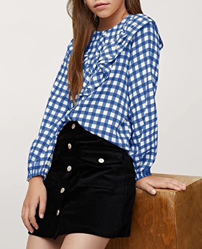 Girl' S Plaid Buffalo Ruffle Blouses Casual Long Sleeve Crew Neck Button Down Shirts Navy #TOP1