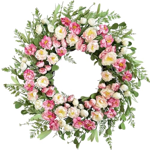 Lslefu 22 Inch White Pink Peony Summer Wreath for Front Door Handcrafted Wreaths Adorned with Camellia Boxwood Summer Farmhouse Flowers Door Wreath for Porch Window Wedding Party