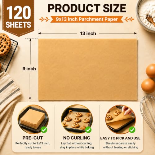Image of KORCCI 120-Count 9x13 Inch Parchment Paper Sheets, Precut Non-Stick Unbleached Baking Paper, Quarter Sheet Size for Toaster Oven, Air Fryer, Cookies, Cakes and Bread