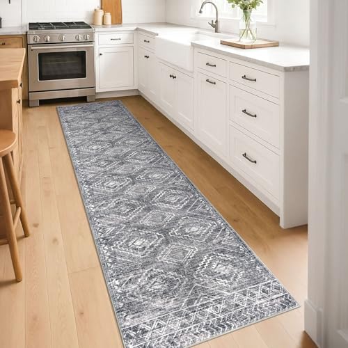 KILOCOCO Hallway Runner Rug 2'x8' Runners for Hallways Washable Runner Rug Non Slip Rubber Backed Low-Pile Runners for Bedroom Kitchen Living Room Laundry Room Boho Rugs, Grey