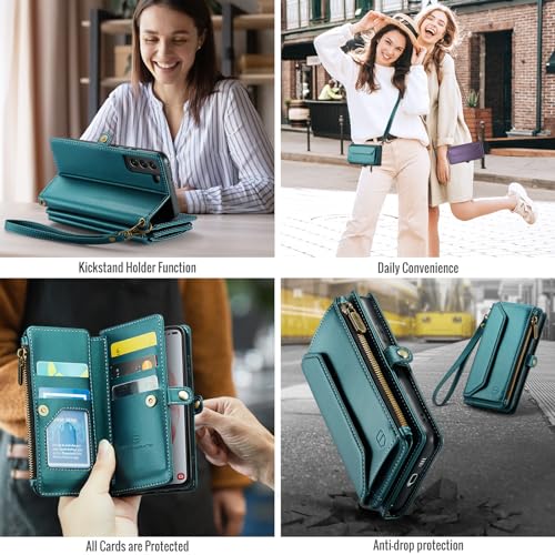 Strapurs Crossbody Wallet Case Compatible with Samsung Galaxy S21 5G RFID Blocking Card Holder Soft PU Leather Magnetic Snap Shoulder Strap Zipper Pocket Phone Case Fit for Galaxy S21 6.2"- Blue Green by Strapurs - Used condition - Image 7