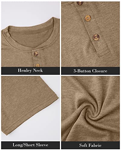 Fashion Men's Henley Shirts Classic Short Sleeve Basic Button Cotton T-Shirt With Pocket Khaki #TOP2