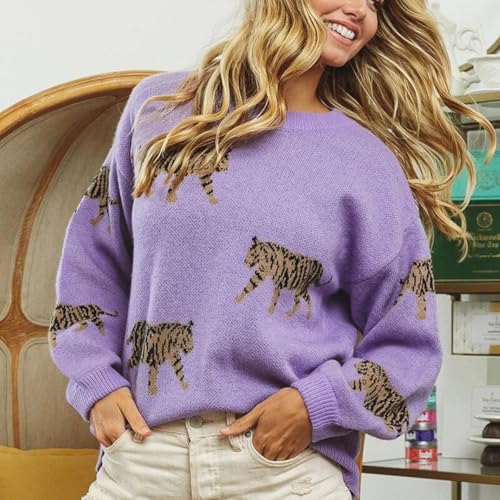 Women Y2k Sweaters Vintage Tiger Print Long Sleeve Pullover Sweater Fall Knitwear Streetwear4