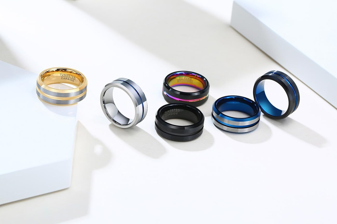 Engraved Yahuah YHWH Tungsten Carbide Hebrew and English Ring, Grooved Center Two-Tone Beveled Edge High Polishing Judaism Wedding Band Ring, Size 7 to 12