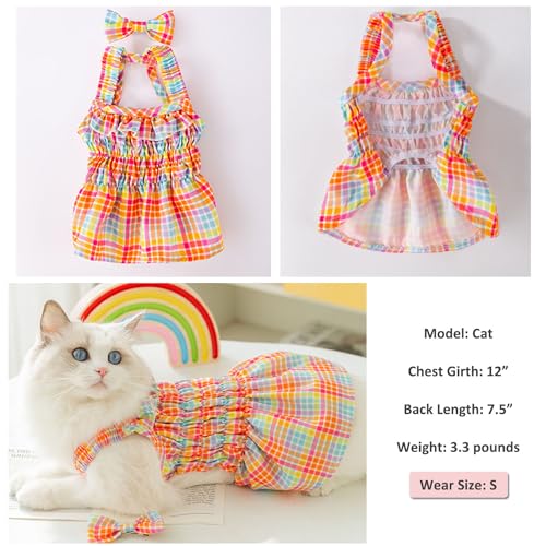 Image of HDKUW Small Dogs Dress with Bow,Chihuahua Yorkies Female Dog Clohtes,Pink Plaid Puppy Tutu Princess Dresses with Dog Bowknot,Girl Doggie Cats Skirt Outfits S