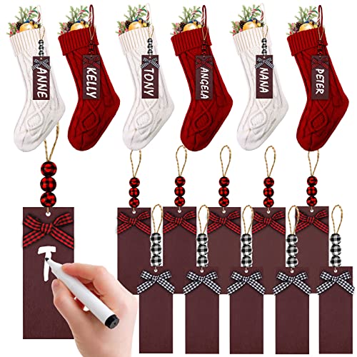 Ximishop 12Pcs Christmas Stocking Name Tags, Unfinished Wooden Farmhouse Xmas Stocking Hanging Tags Ornament With Red And White Buffalo Plaid Bow Beads For Christmas Stocking（2 Styles） #TOP21