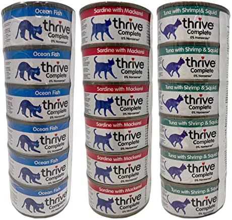 Thrive Cat Food Wet Complete Bundle containing 18 Tinned Cat Food sets (6 x 75g Ocean Fish, 6 x 75g Sardine & Mackerel, 6 x 75g Tuna with Shrimp & Squid)