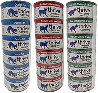 Thrive Cat Food Wet Complete Bundle containing 18 Tinned Cat Food sets (6 x 75g Ocean Fish, 6 x 75g Sardine & Mackerel, 6 x 75g Tuna with Shrimp & Squid)