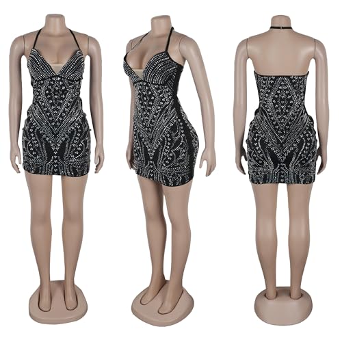 Image of PORRCEY Women's Sexy Elegant Rhinestone Mesh Party Club Night Mini Dress