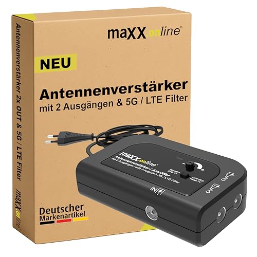maxx.onLine Wzmacniacz antenowy z 2 wyjściami, wzmocnienie 20 dB, filtr 5G / LTE do DVB-T2, telewizji kablowej, wzmacniacza kablowego, wzmacniacza mieszkania