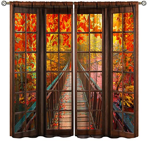 Landscape Blackout Curtains,Autumn Forest Maple Wood Bridge Home Bedroom Living Room Decorative Curtains 42x54 Inch