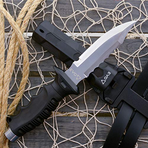 EVO Stainless Steel Dive Knife with Pointed Tip - 5” blade - Serrated Top Edge and Built-in Line Cutter - Disassembles for easy Cleaning - Sheath and two depth compensating Leg Straps Included