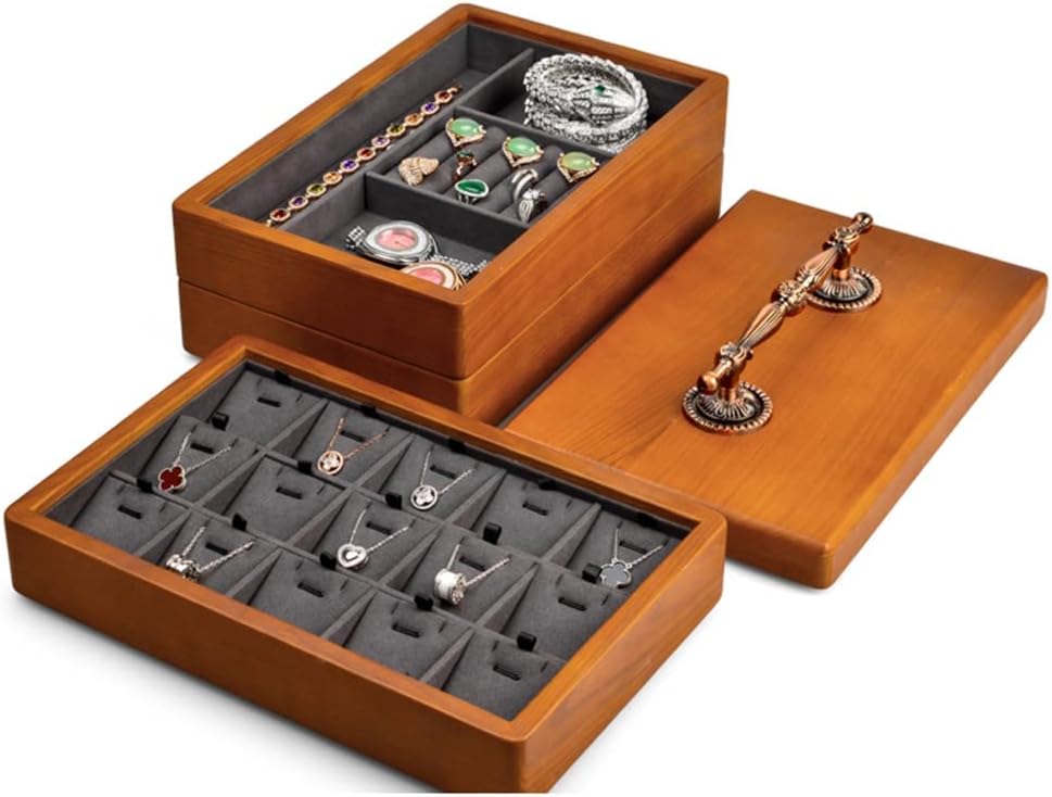 Multifunctional Solid Wood Box High Capacity Microfiber Jewelry Organizer Storage for Earrings Rings Necklace(E)