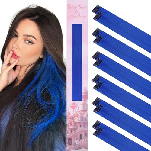 Image of WENNALIFE 12 PCS Blue Hair Extensions Clip in, Colored Clip in Hair Extensions for Kids Highlights Rainbow Hair Clips for Girls Synthetic Straight Pop-up Style Colorful Festival Girls Hair Accessories