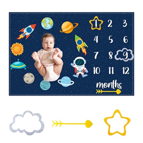 Image of Space Baby Monthly Milestone Blanket Astronaut Star Decor Photography Background Newborn Growth Record Prop Blanket 60 inchx40 with Frames