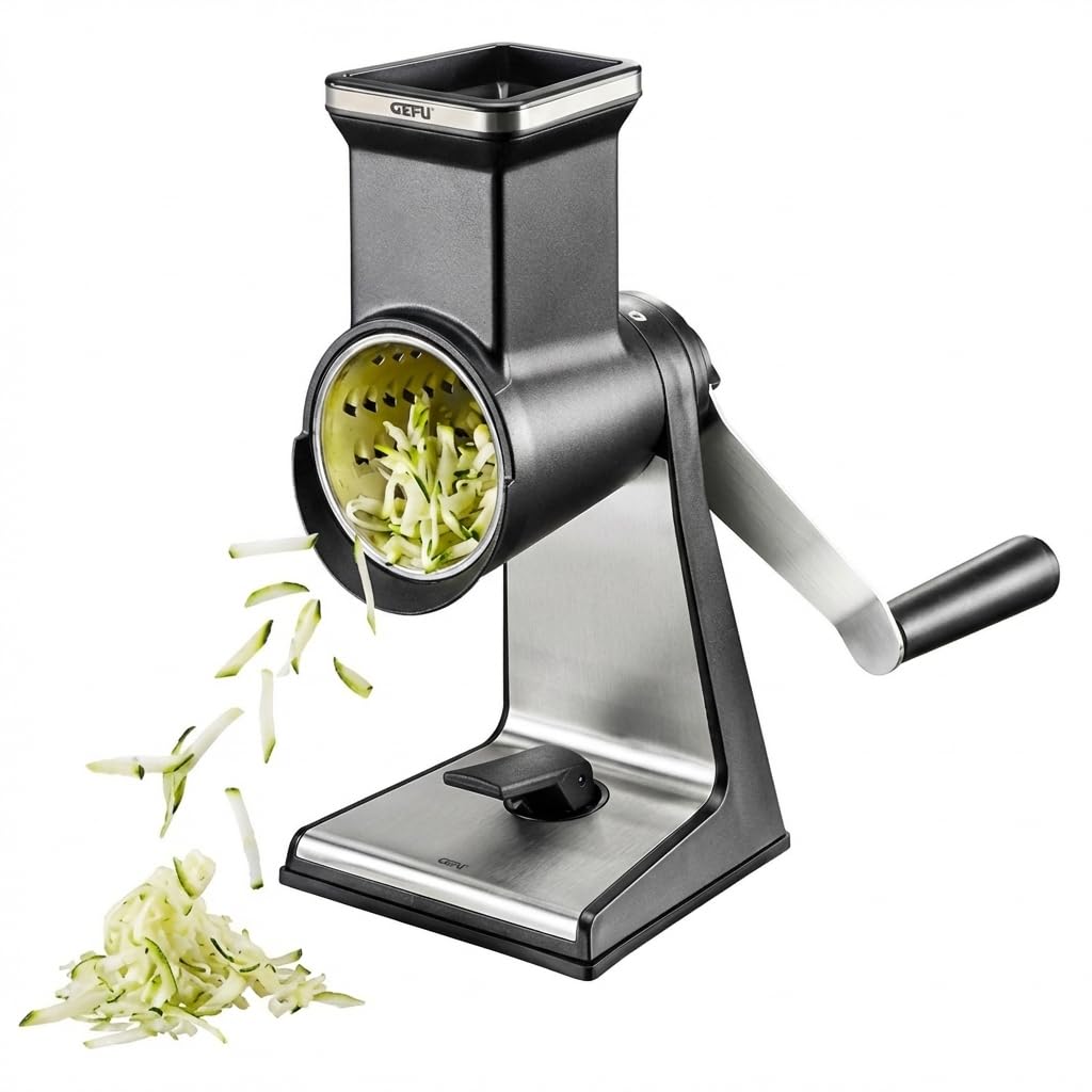Gefu Black, Silver Transforma® Rotary Drum Grater With 3 Laser‑Cut Drums, Suction Base, Table Clamp And Pusher