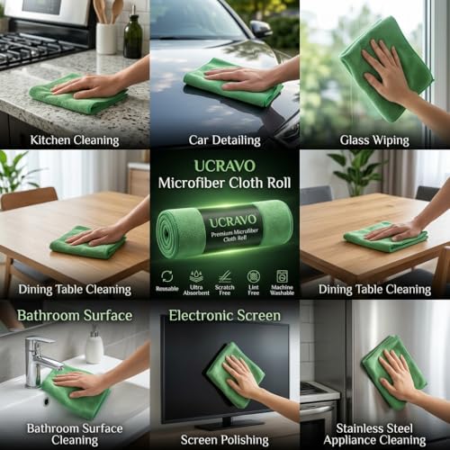 Image of UCRAVO 60 SHEETS Microfiber Cleaning Cloth Roll 10X Cheaper Than Paper Reusable and 12000 Times Washable Tear-Away Kitchen Towel Roll Highly Absorbent Lint-Free, Streak-Free Cleaning Rags (Green)