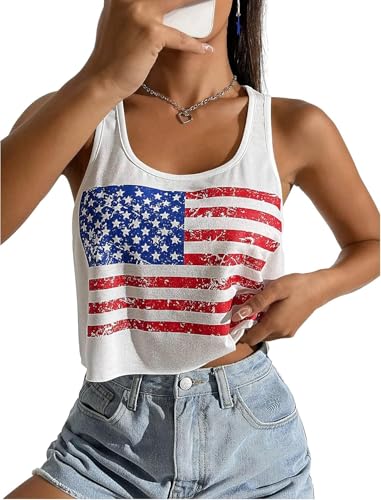 Women's Sexy American Flag Crop Tank 4th of July Patriotic Sleeveless Tee Tops (White,S)