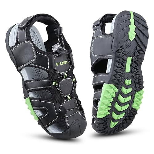Image of FUEL Warrior Men's Fisherman Sandals - Comfortable, Breathable & Flexible Outdoor Sandals with Protective Toe, Anti-Skid Sole - Stylish Casual Beach & Sports Footwear (Black-P-Green)