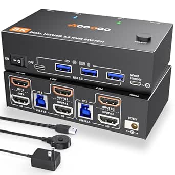 2 Monitors 2 Computers KVM Switch with 8K@60Hz/4K@120Hz Support, HDMI, USB 3.0, Wired Remote, Cables Included