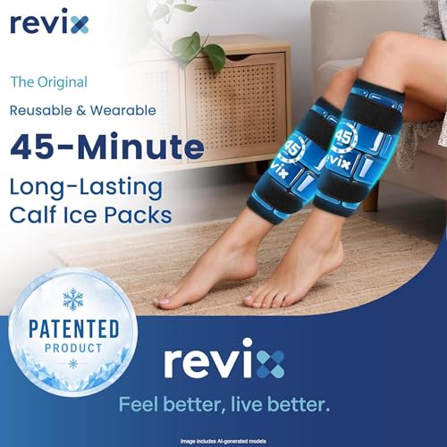 Image of REVIX Calf Ice Packs, 45-Min Long Lasting Ice Packs for Injuries Reusable | Shin Splints Relief Gel Cold Packs with Ice Grid Design, Cold Therapy Compression Sleeves for Calf, Leg, Arm Pain, 2 Packs