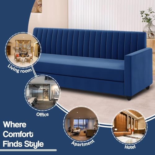 Image of 3+2 Fabric Sofa Set with Ottoman for Living Room | Modern 5-Seater Sofa Couch | with Soft Cushion, Premium Velvet Fabric-Blue