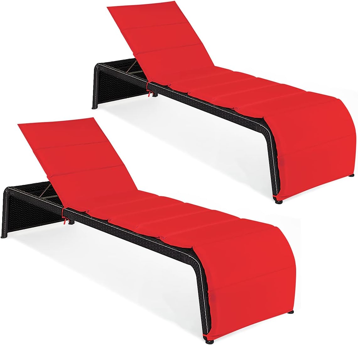 DORTALA Set of 2 Outdoor Chaise Lounge Chair, 5-Position Adjustable Rattan Recliner Chair w/Cushioned Seating and Adjustable Feet, Multifunctional Couch Furniture forPatio, Poolside, Red